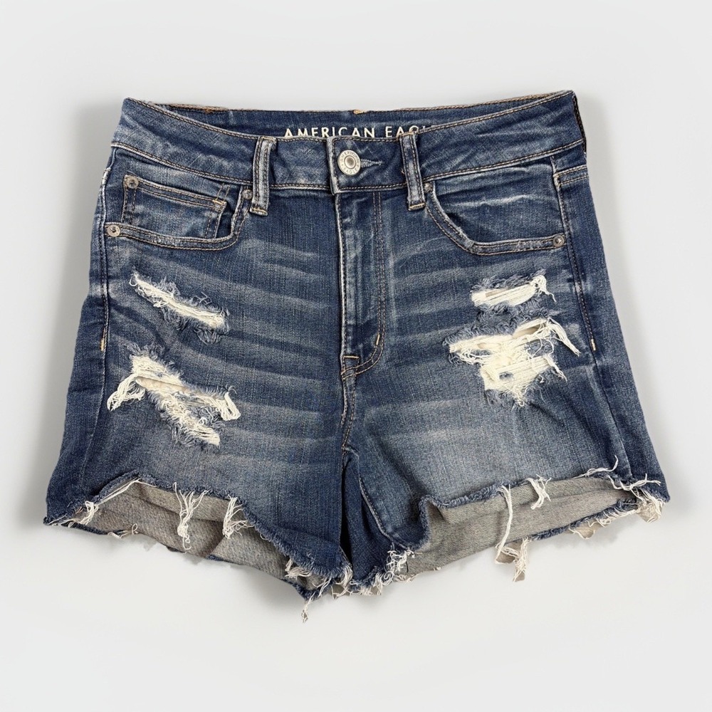 American Eagle Hi-Rise Shortie Denim Shorts Womens 8 Blue Distressed Raw Hem